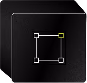 Black cube with a white square outline and four corner nodes, one node highlighted in yellow-green.