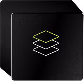 Icon of three stacked layers outlined in yellow and white on a black square background.