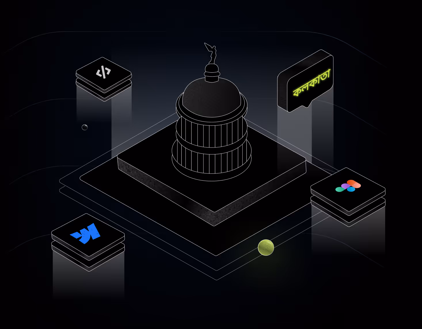 Isometric illustration of a domed building on a platform with floating icons representing coding, a Bengali text bubble, a blue 'W' logo, and a multicolored design logo.