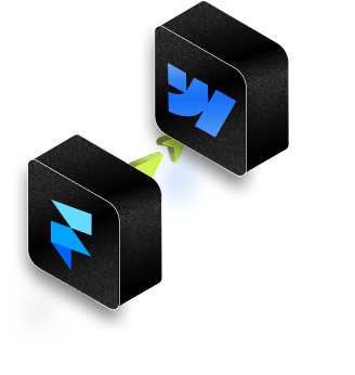Illustration showing data flow from the Figma logo on a black cube to the Webflow logo on another black cube connected by green arrows.