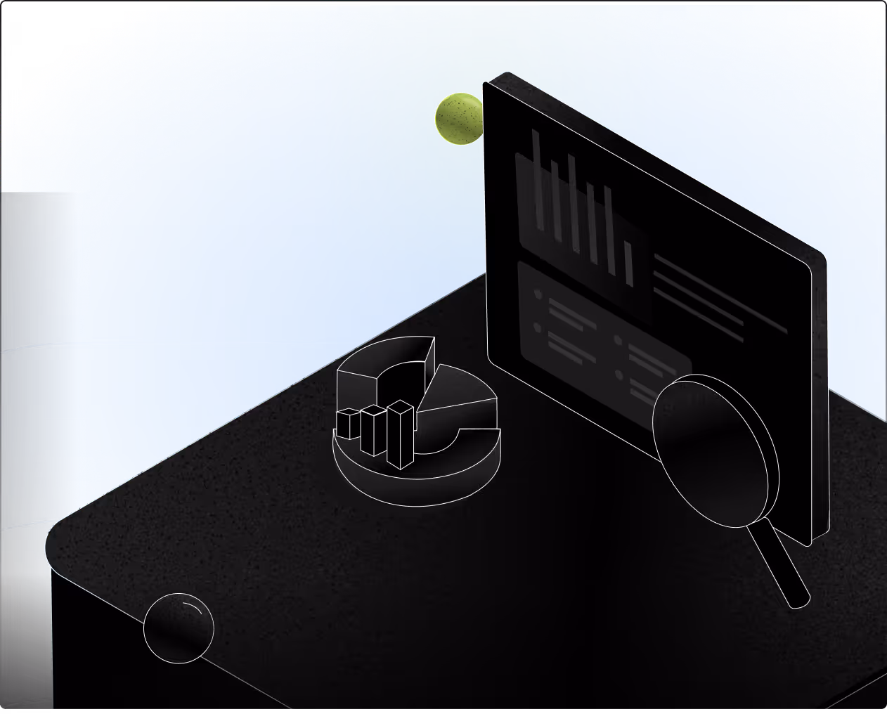 Isometric illustration of data analysis showing a pie chart, bar graph, and magnifying glass on a dark table with a blue background.