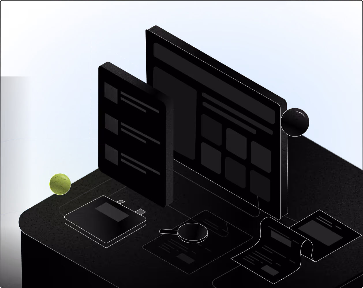 Stylized illustration of a computer monitor, smartphone, and documents on a dark table with blue background, representing digital workflow or technology.