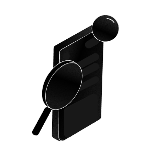 Isometric view of a black smartphone with a slightly reflective screen and rounded edges.