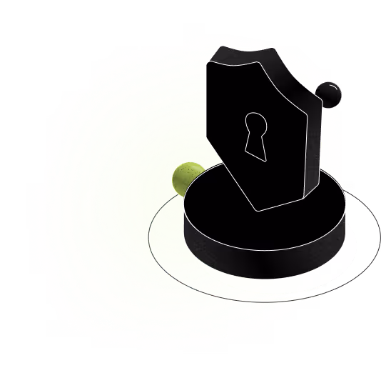 3D illustration of a black shield with a keyhole on a circular base, with glowing green light rings around it.