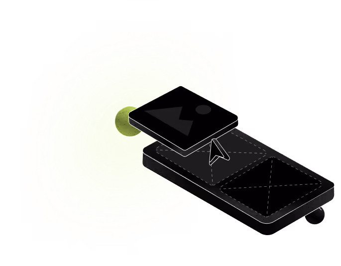 3D illustration of a smartphone screen with image and paper plane icons representing media sharing or messaging.