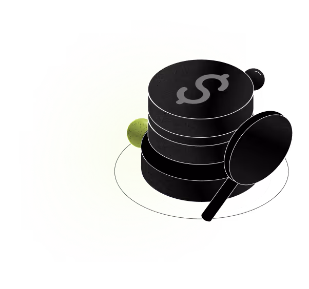 Stack of black coins with a dollar sign and a magnifying glass, symbolizing financial analysis or investigation.