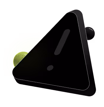 Three-dimensional black triangular warning icon with an exclamation mark, glowing faintly green behind.