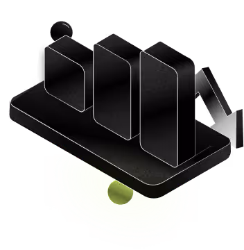 3D bar chart on a platform showing decreasing values with a downward arrow.