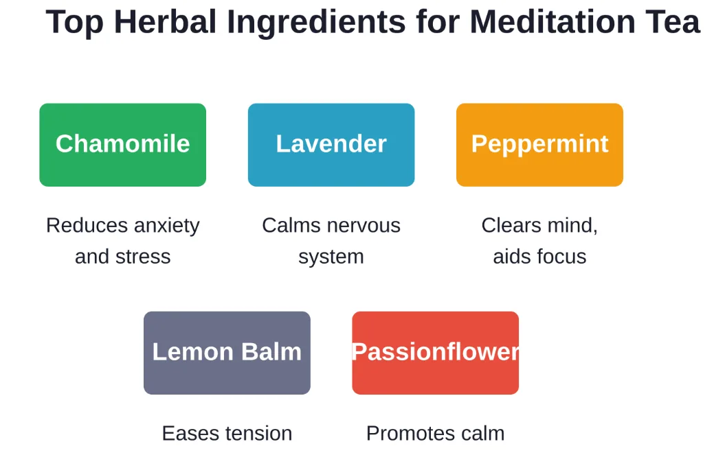 Five herb varieties commonly used in meditation tea blends, each offering distinct calming properties supported by traditional use and emerging research.