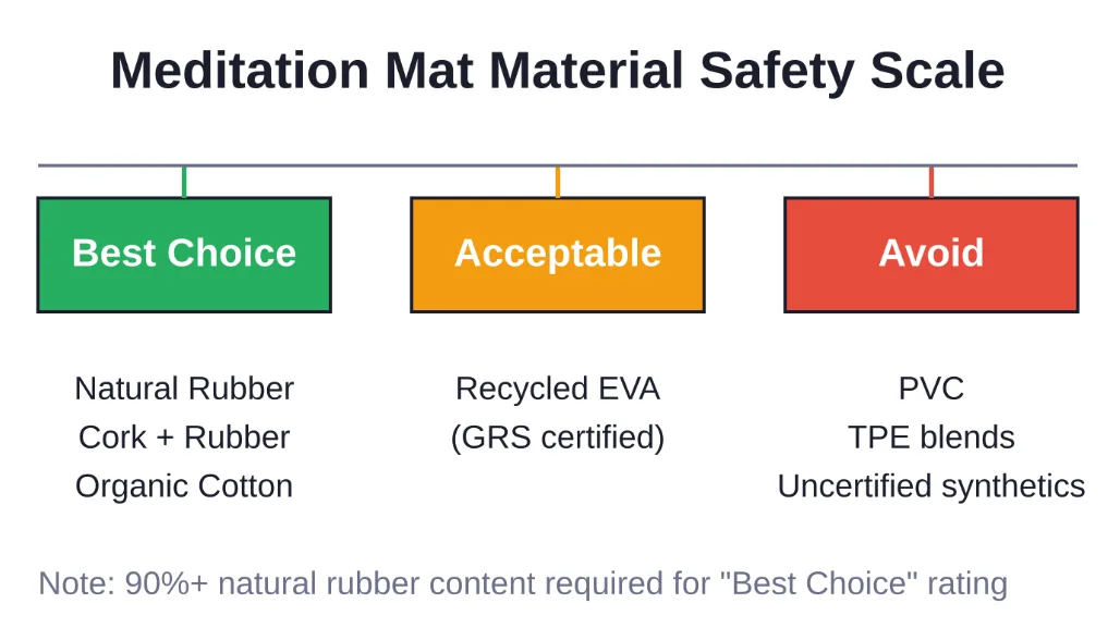 Material safety comparison for meditation mats, showing best natural options versus synthetic materials to avoid.