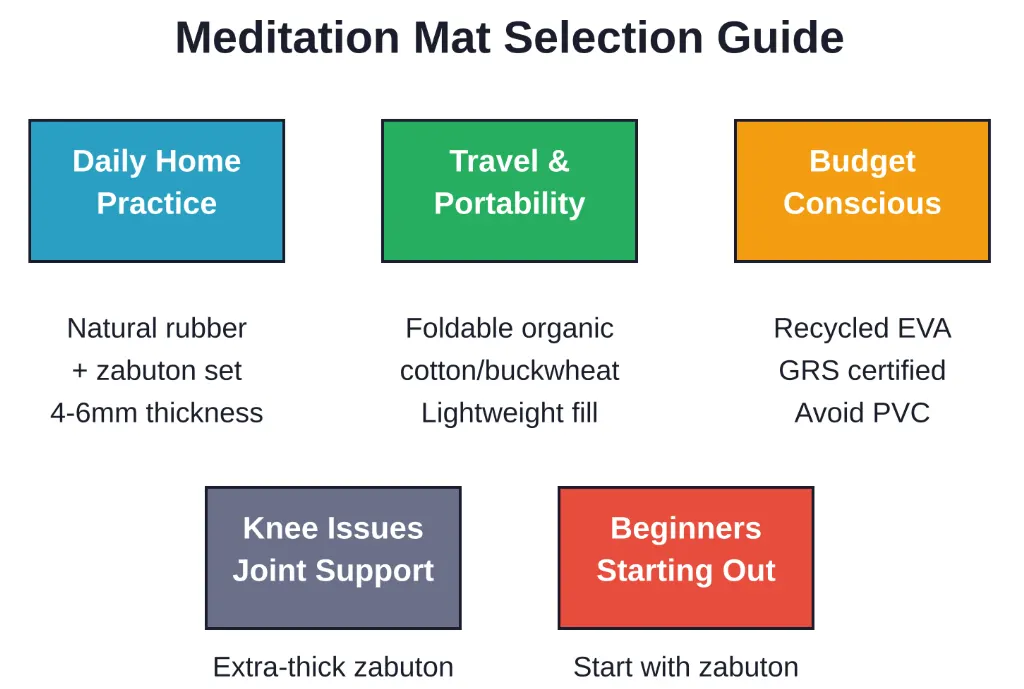 Different meditation setups matched to practice needs, from daily home use to budget-conscious options.