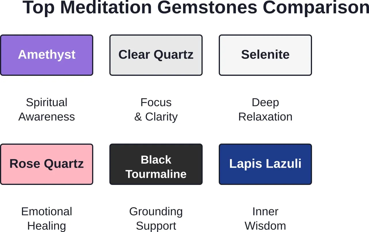 Six essential gemstones for meditation, each traditionally associated with unique properties to support different aspects of contemplative practice.