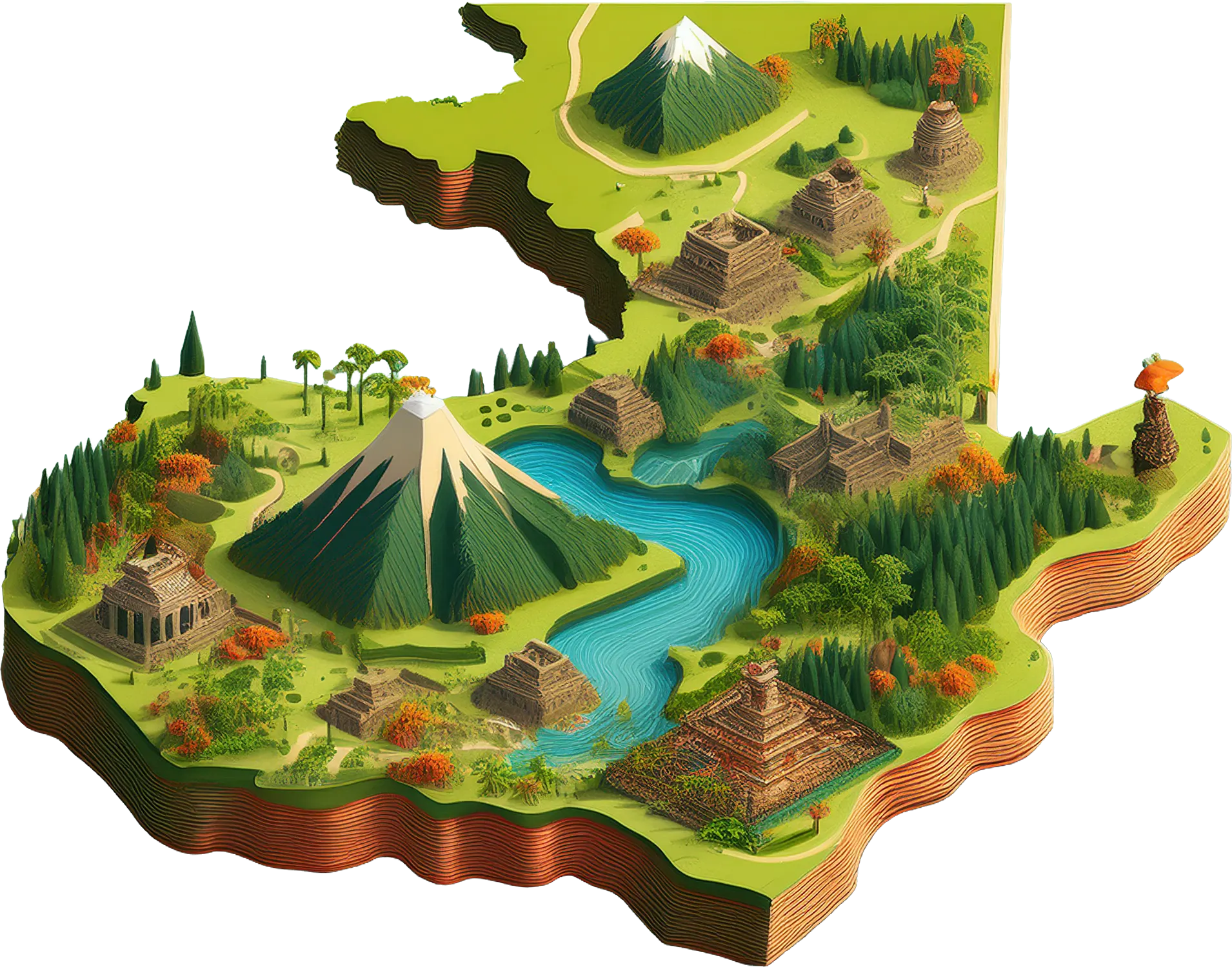 Stylized 3D map of Guatemala with nature and Mayan architecture