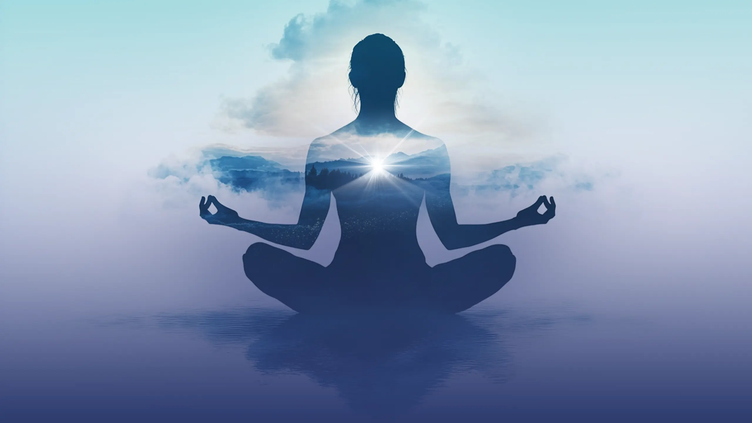Abstract collage of a meditating person blending with nature