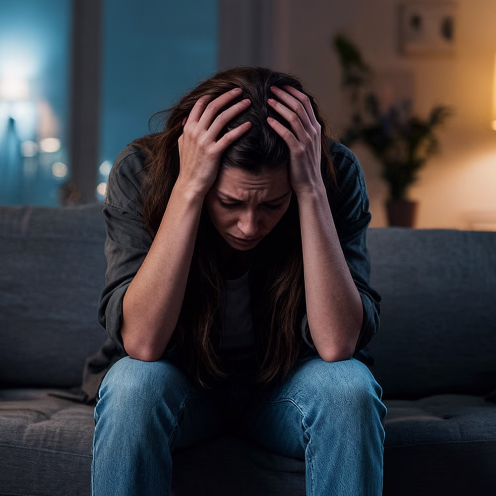 A depressed person holding their head in their hands