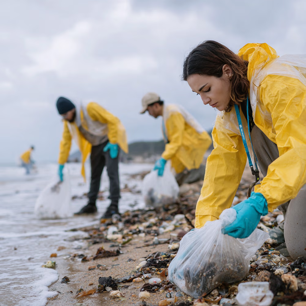 People picking up trash from a littered beach