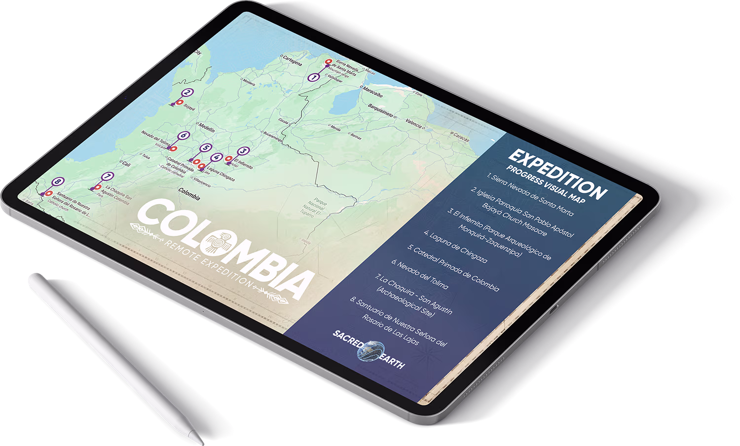 Virtual expedition map of Colombia on a table