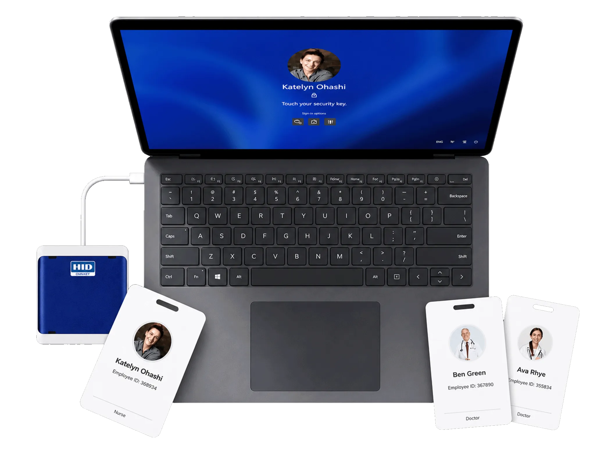 Laptop login screen prompting for a security key, connected to an HID badge reader with employee ID badges for shared workstation authentication.