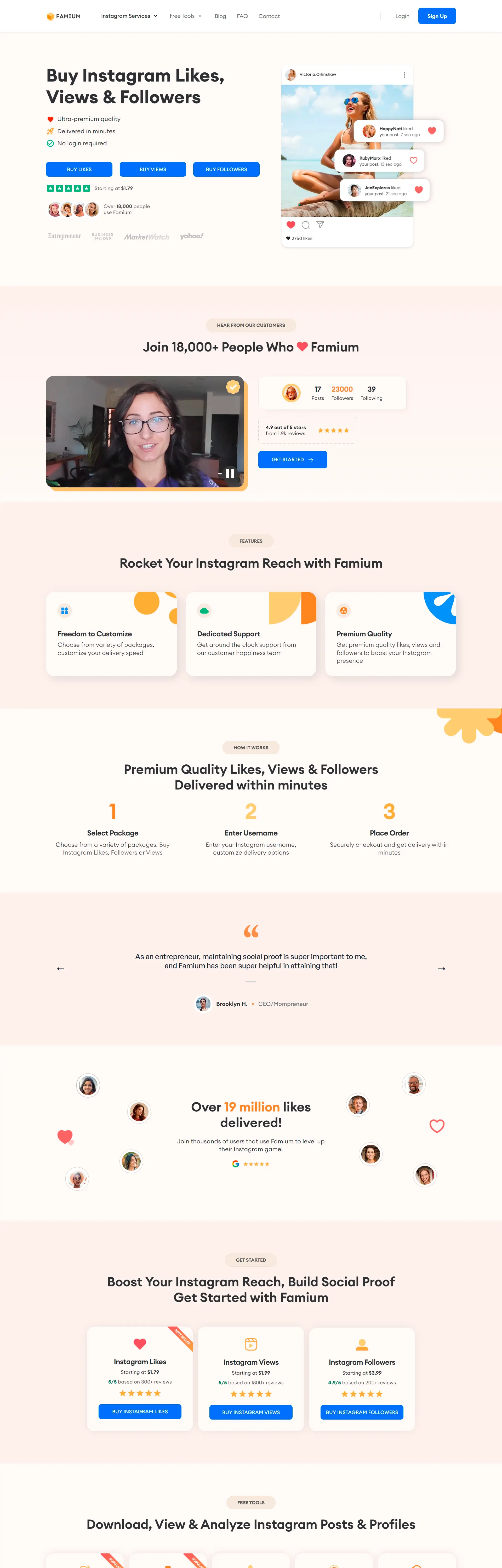 Homepage from the site «Famium»; Main color: Orange, Blue; Background color: Light