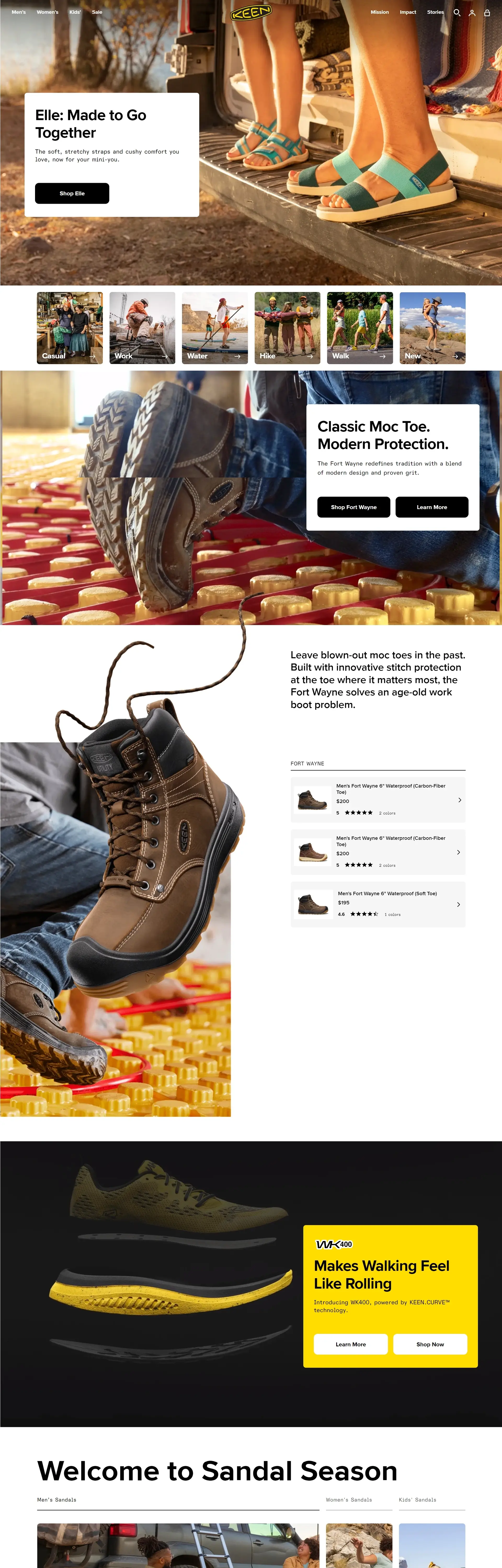 Homepage from the site «KEEN»; Main color: Black, Yellow; Background color: White