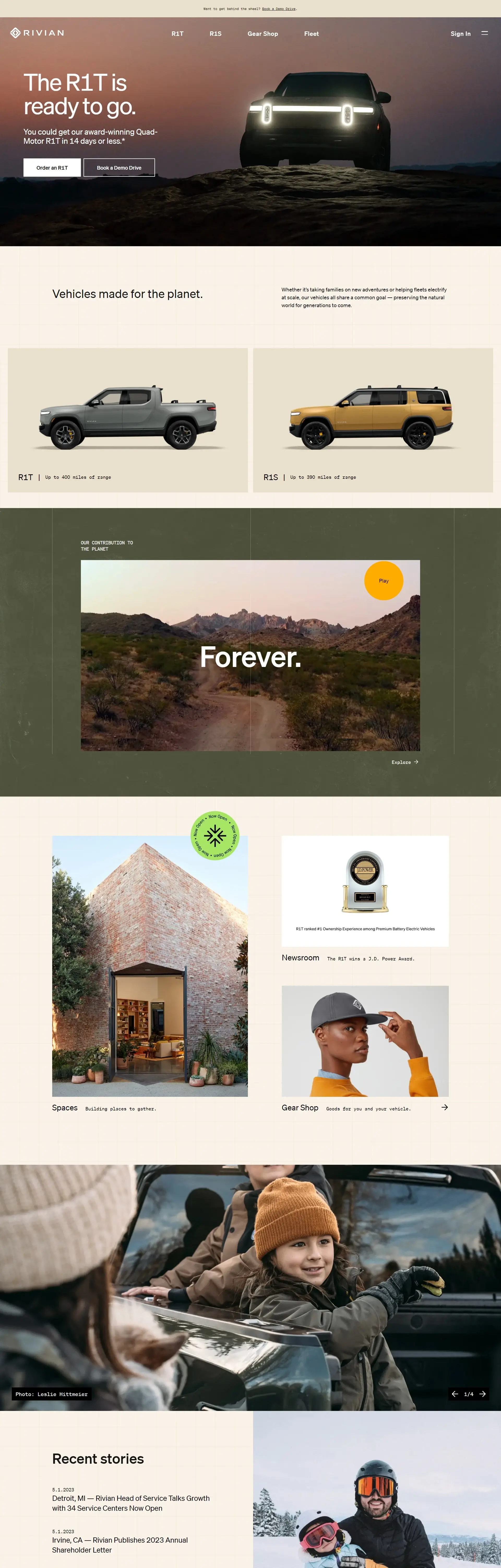 Homepage from the site «RIVIAN»; Main color: Black; Background color: Light
