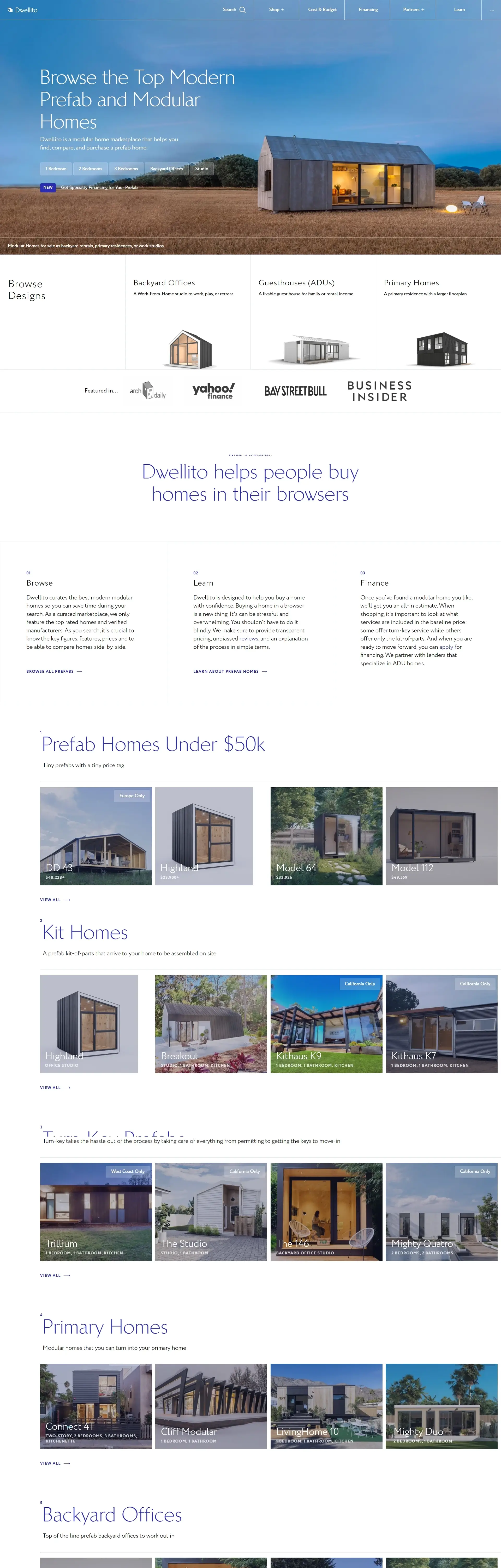 Homepage from the site «Dwellito»; Main color: Blue; Background color: White