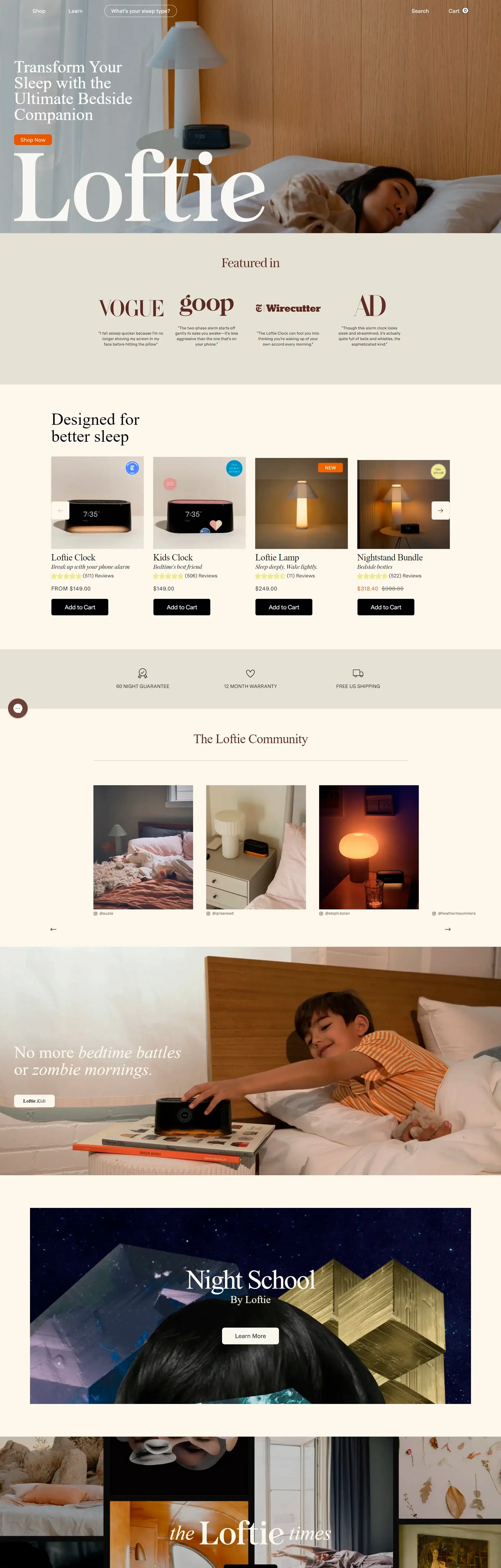 Homepage from the site «Loftie»; Main color: Black; Background color: Light