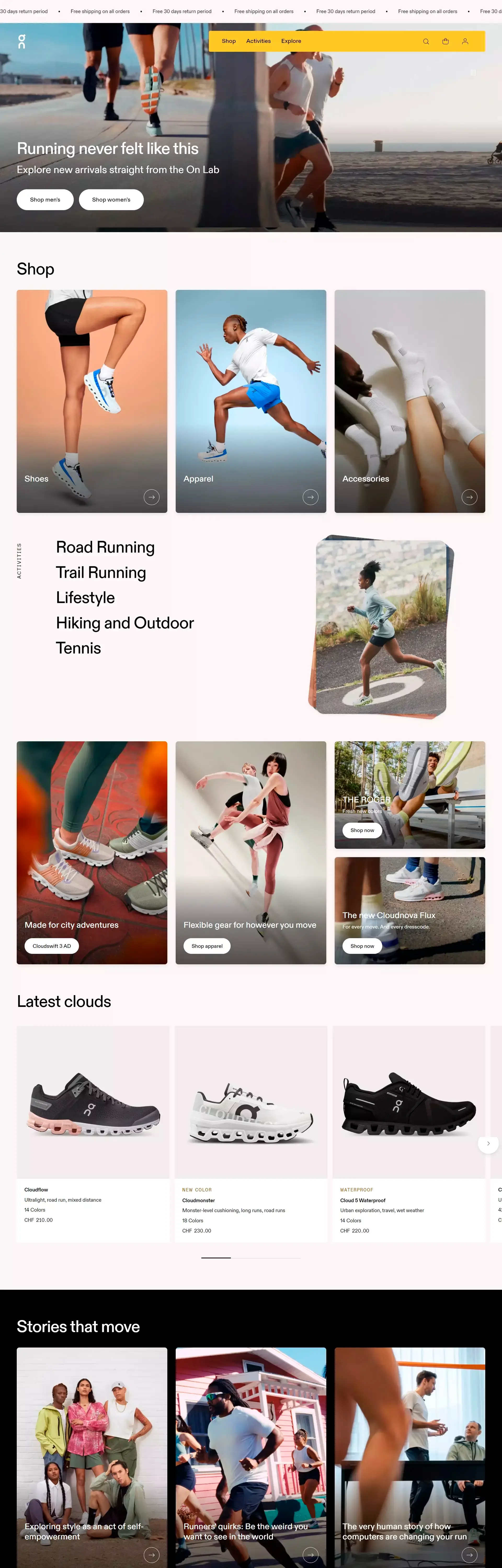 Homepage from the site «On»; Main color: Yellow; Background color: White