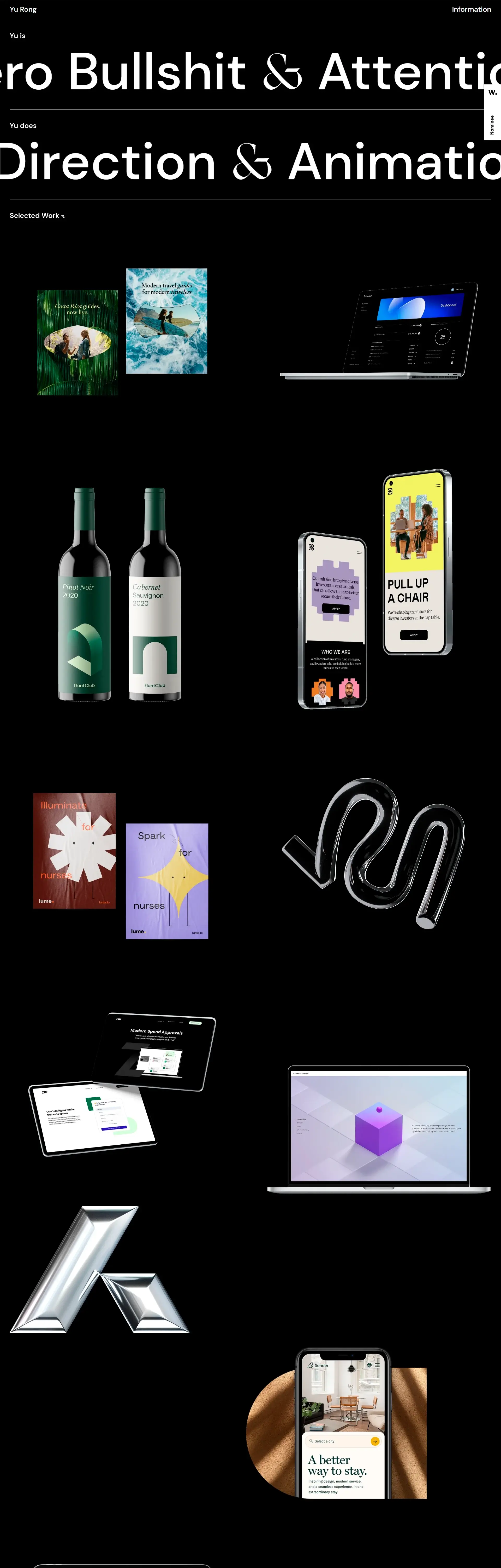 Homepage from the site «Yu Rong»; Main color: White; Background color: Black