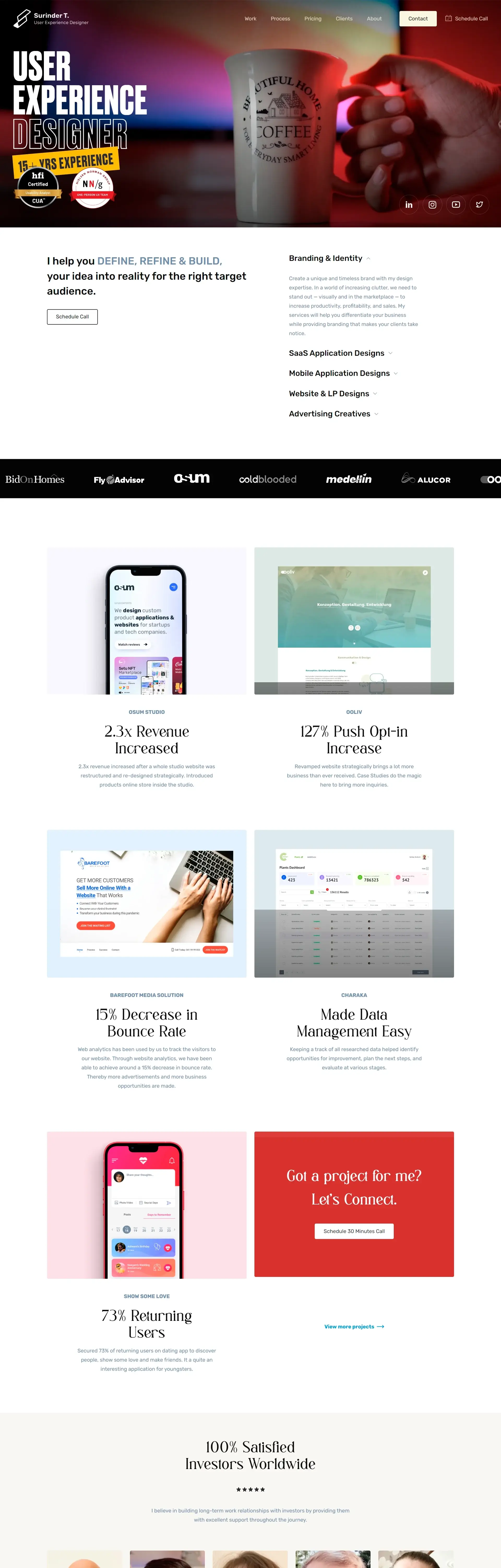 Homepage from the site «Surinder»; Main color: Red; Background color: White
