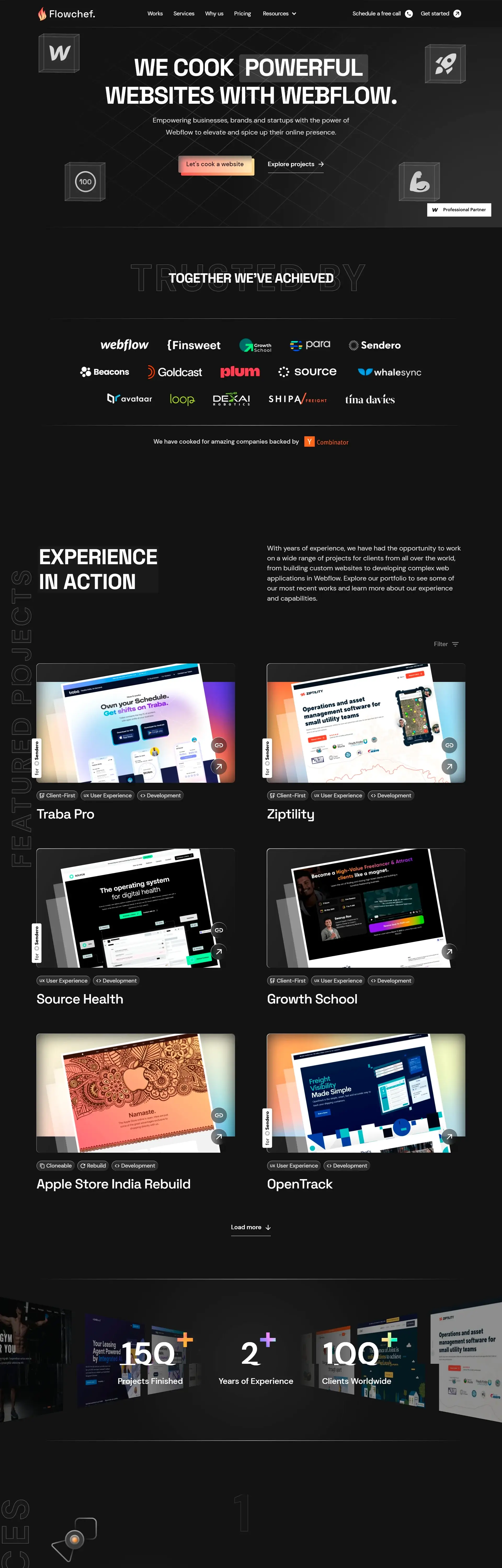 Homepage from the site «Flowchef»; Main color: Gradient; Background color: Dark