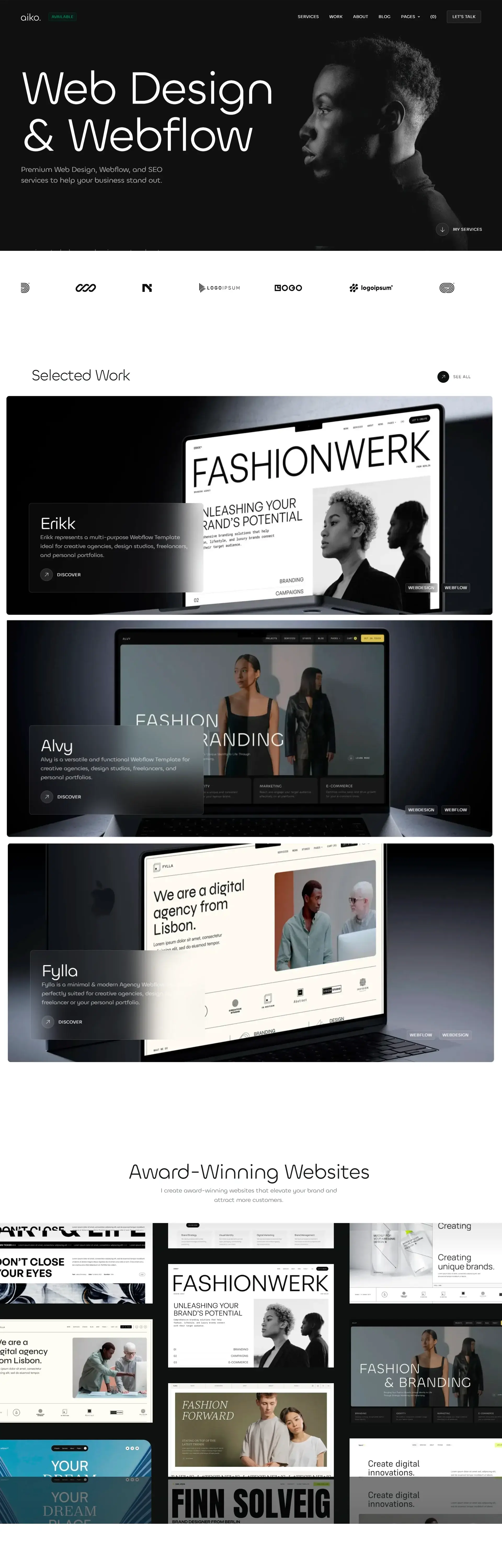 Homepage from the site «Aiko»; Main color: Black; Background color: White