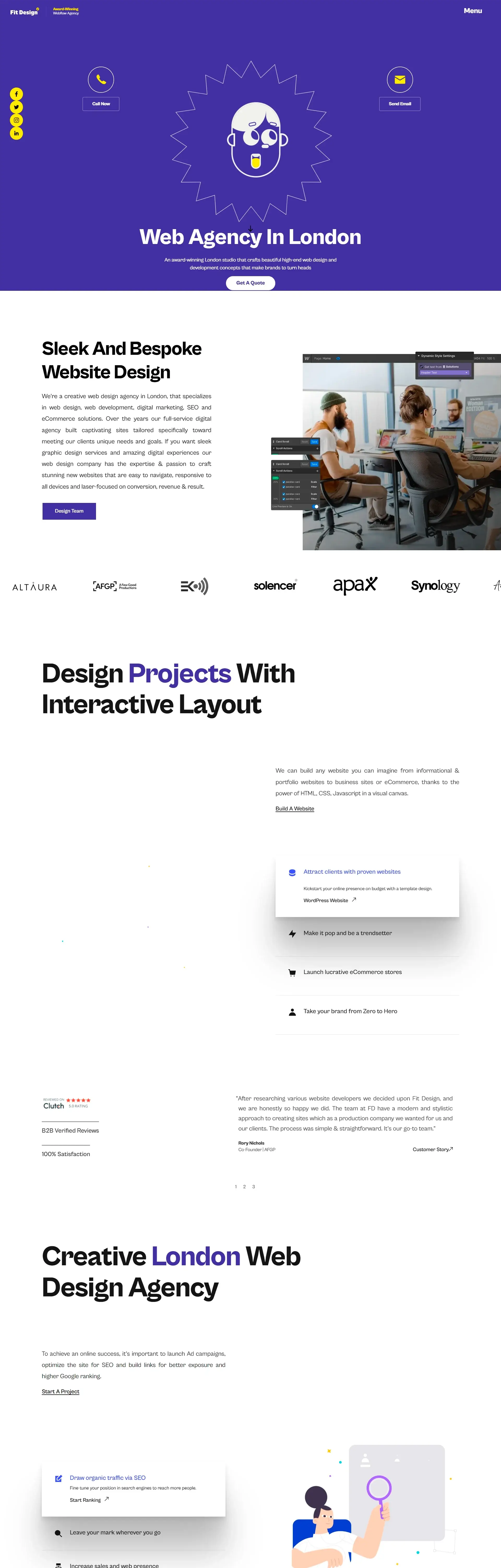 Homepage from the site «Fit Design»; Main color: Blue; Background color: White