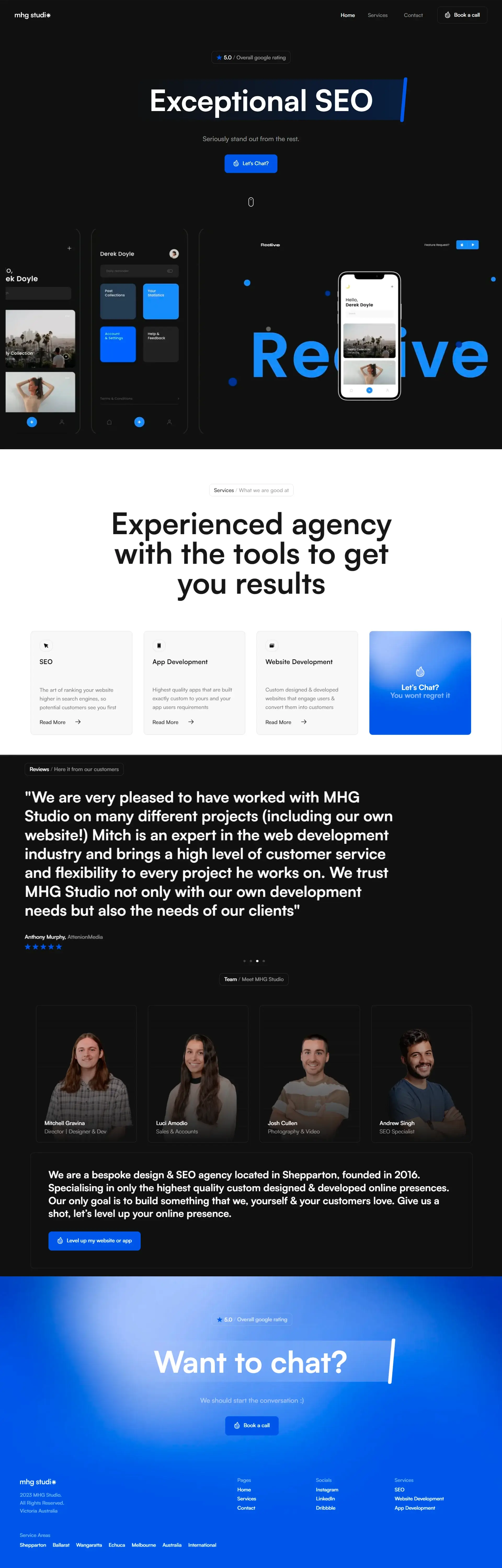 Homepage from the site «MHG Studio»; Main color: Blue; Background color: Black