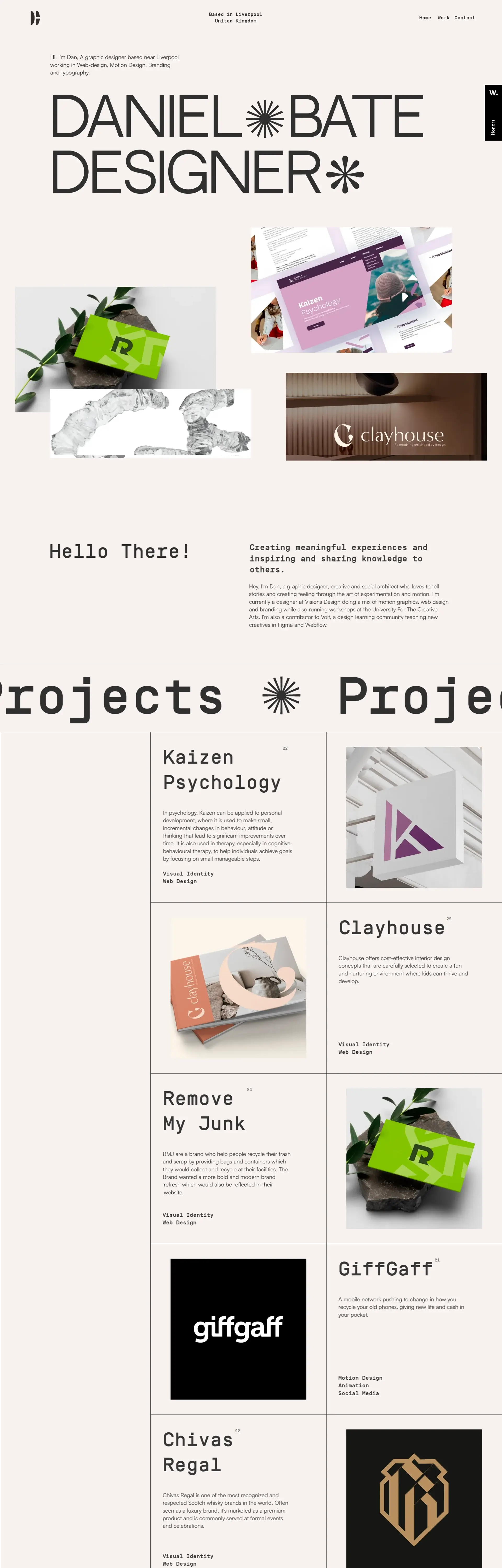 Homepage from the site «Daniel Bate»; Main color: Black; Background color: Light