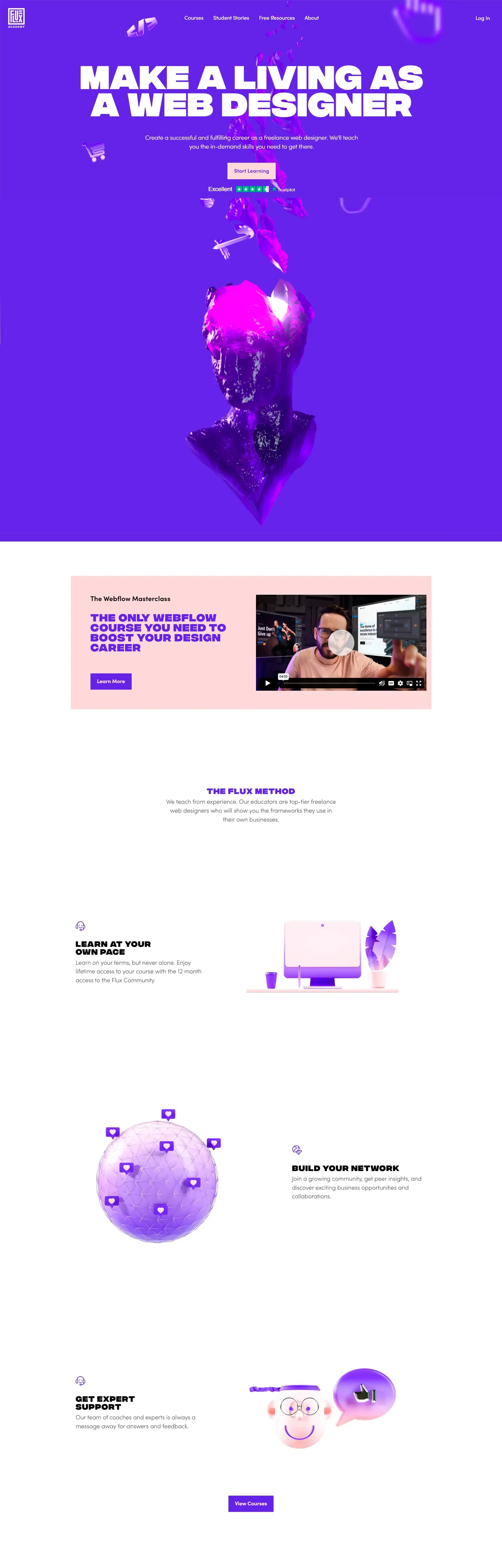 Homepage from the site «Flux Academy»; Main color: Purple; Background color: White