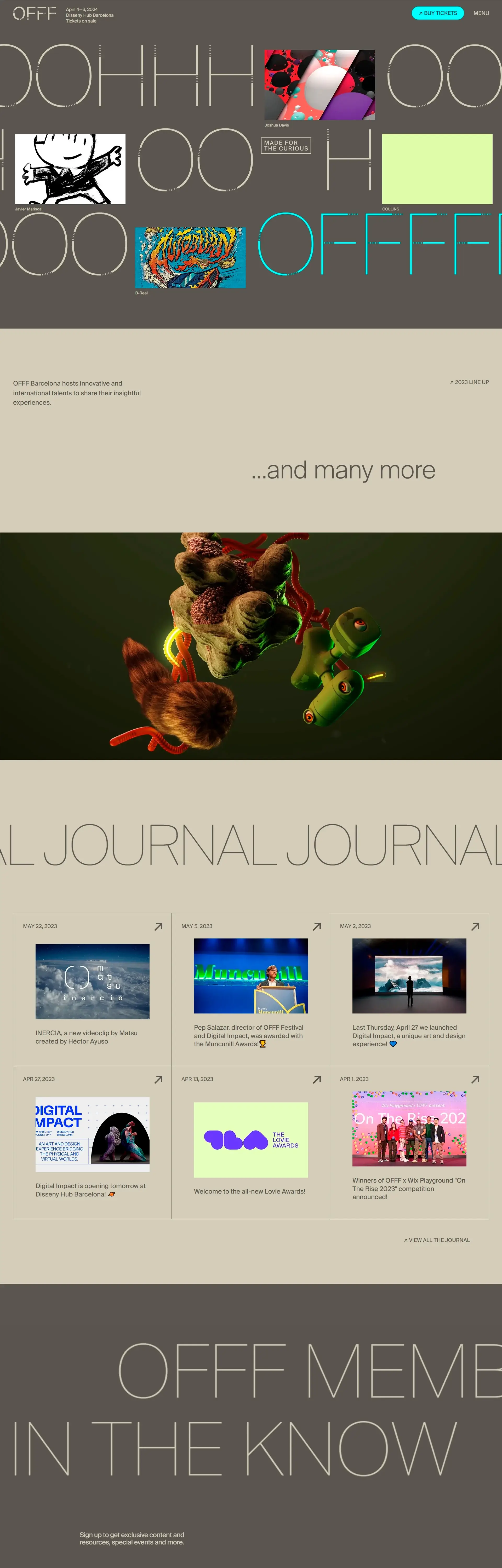 Homepage from the site «OFFF»; Main color: Brown; Background color: Green