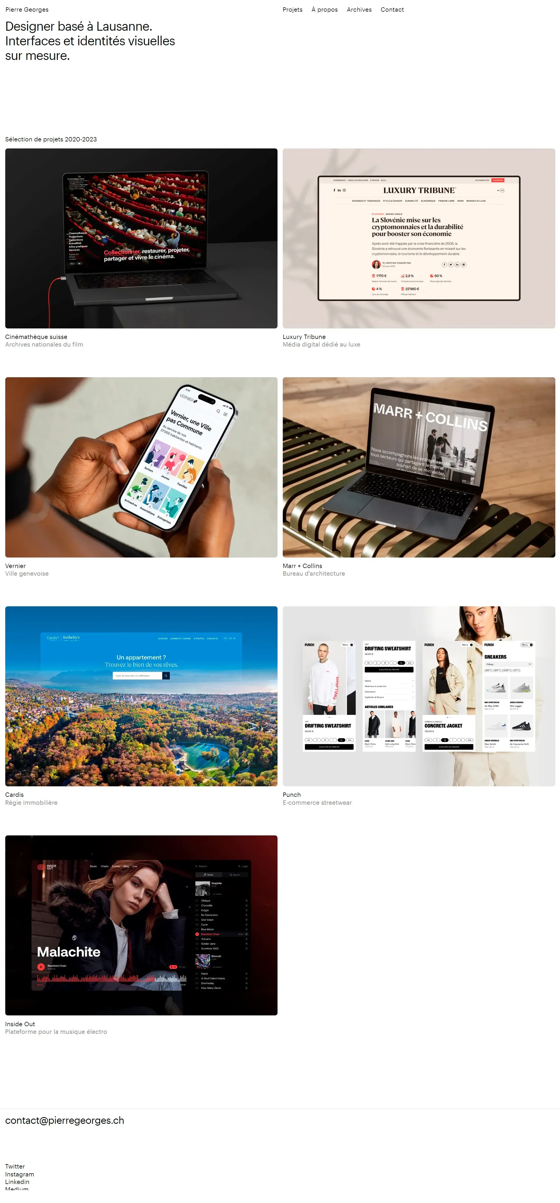 Homepage from the site «Pierre Georges»; Main color: Black; Background color: White