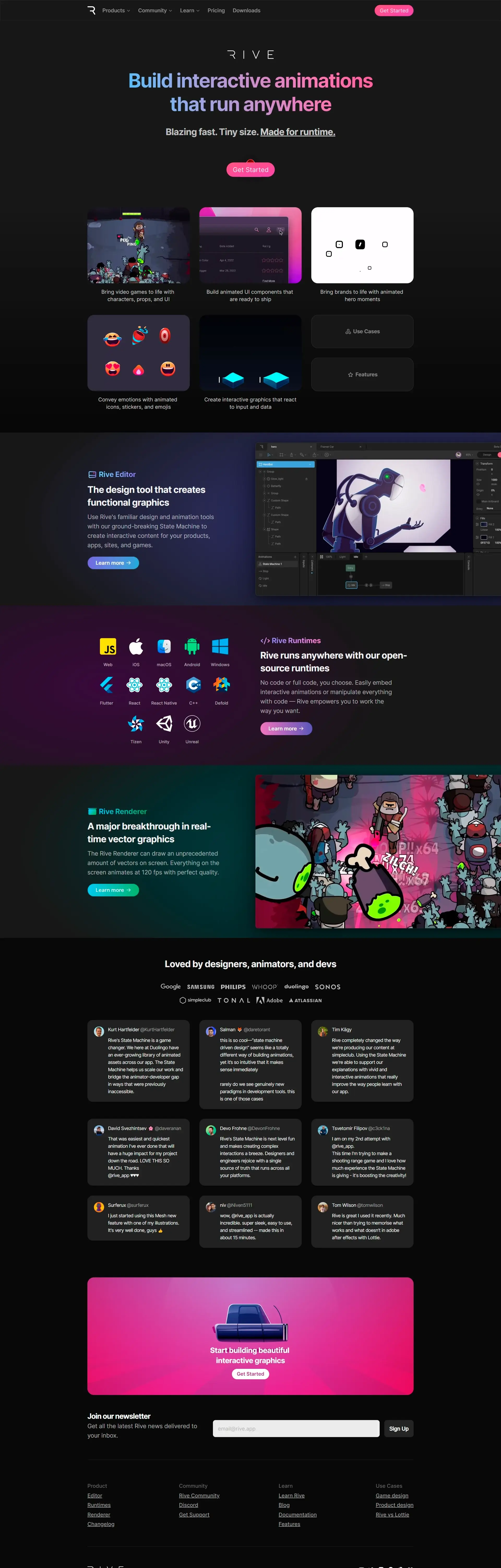 Homepage from the site «Rive»; Main color: Pink; Background color: Dark