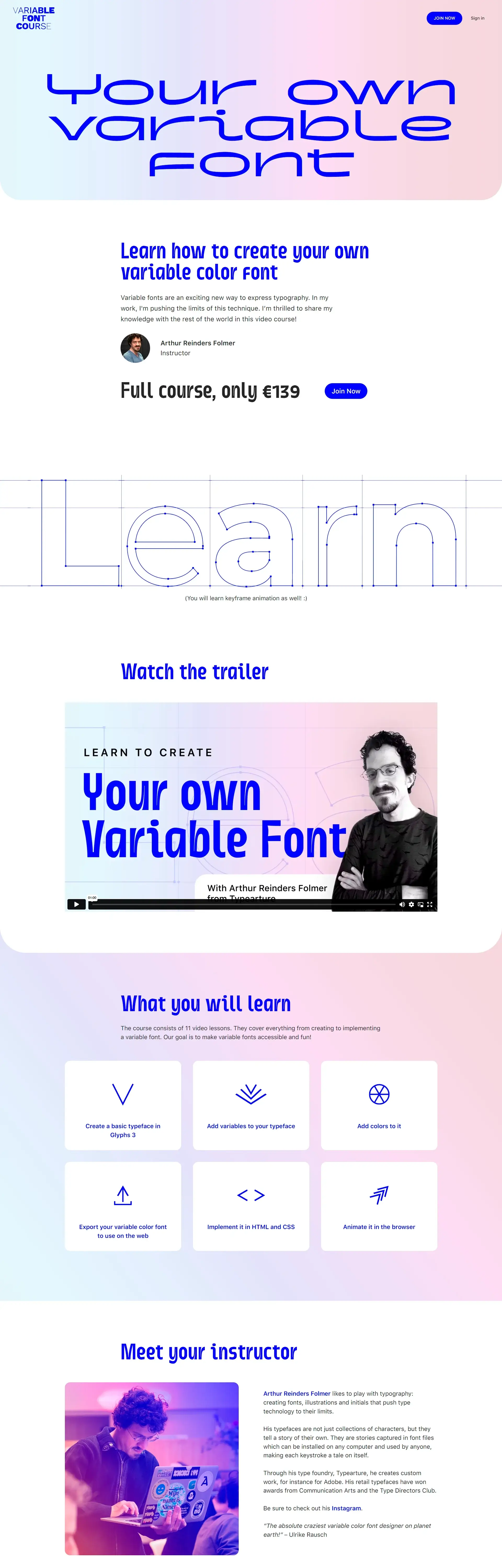Homepage from the site «Variable Font Course»; Main color: Purple; Background color: White