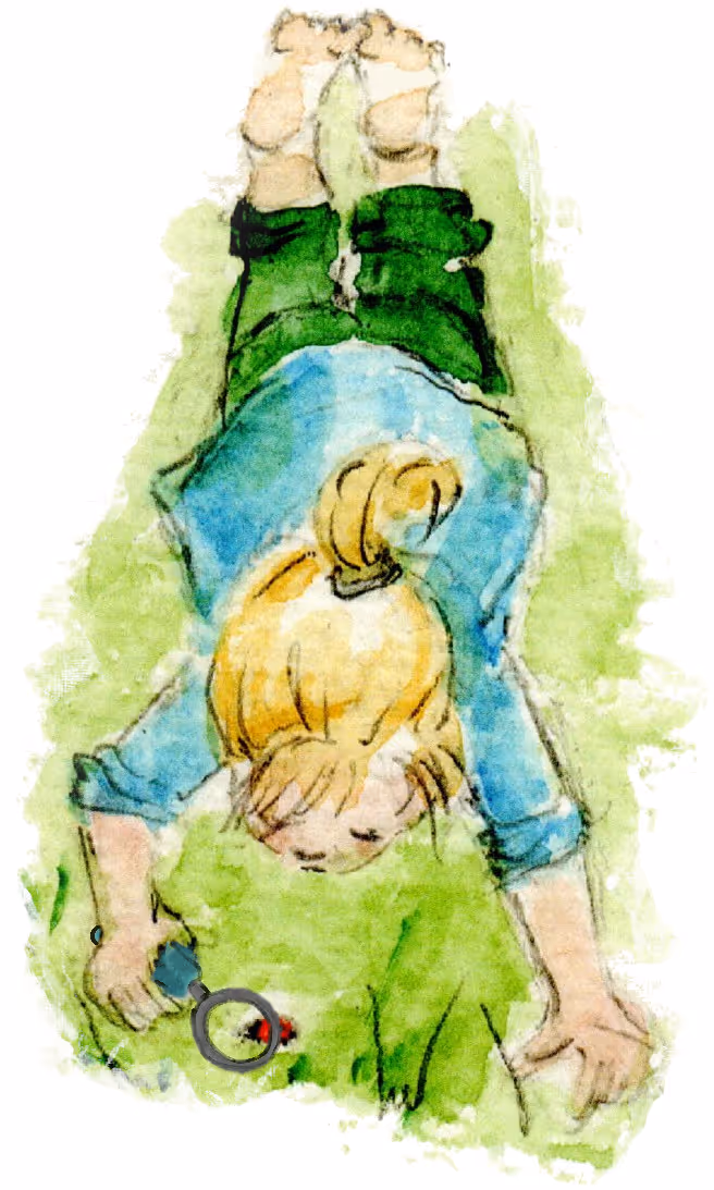 A painting of a girl looking through a magnifying glass on a lawn