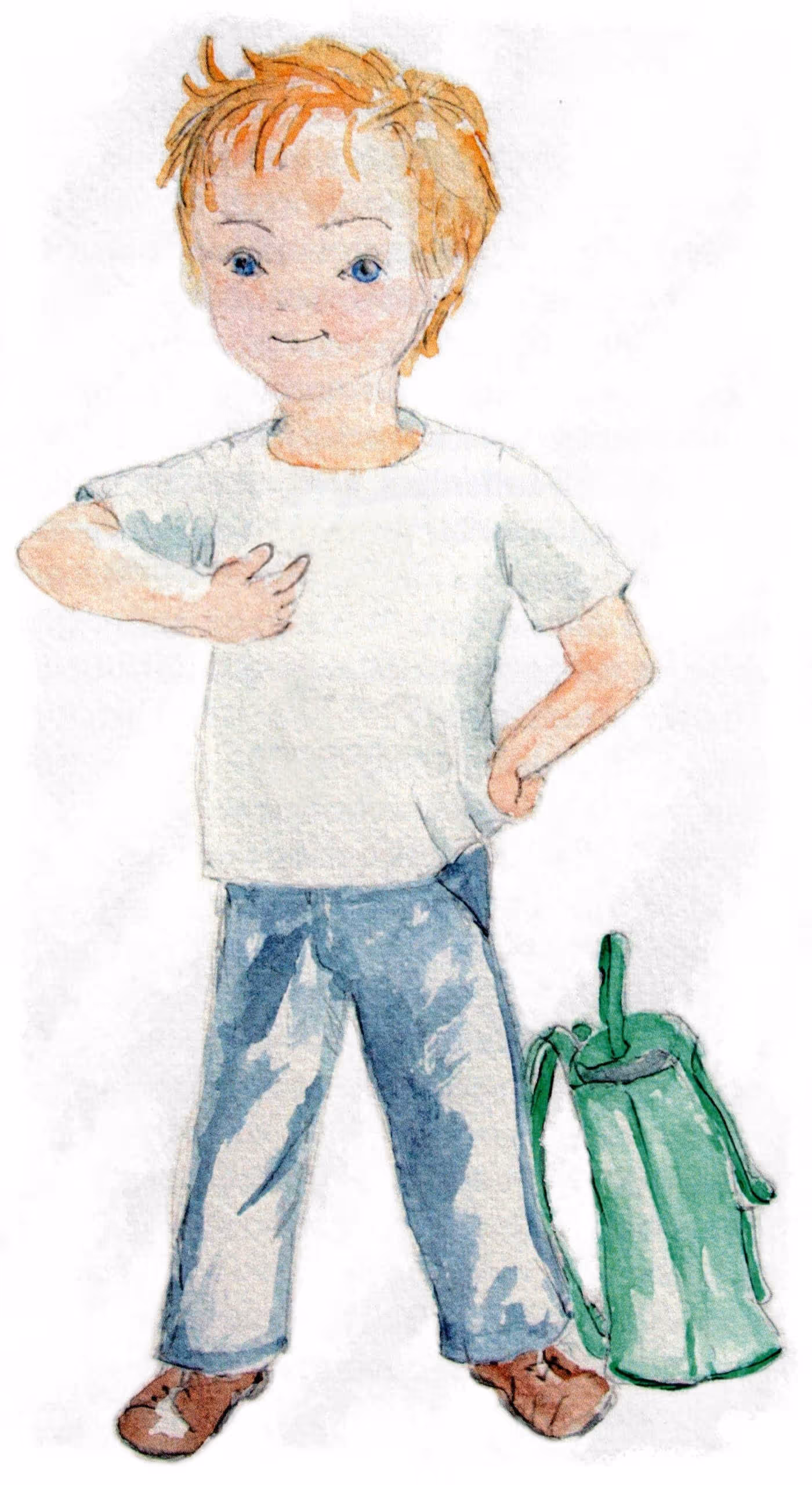 A painting of a child pointing at himself.