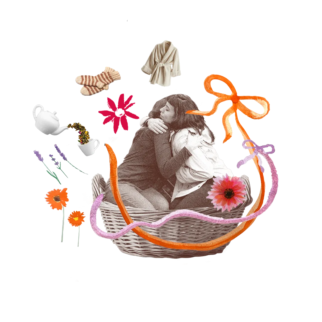 Collage style image with two friends hugging. They are inside a basket. Around them float various care items like tea, cosy socks and flowers.