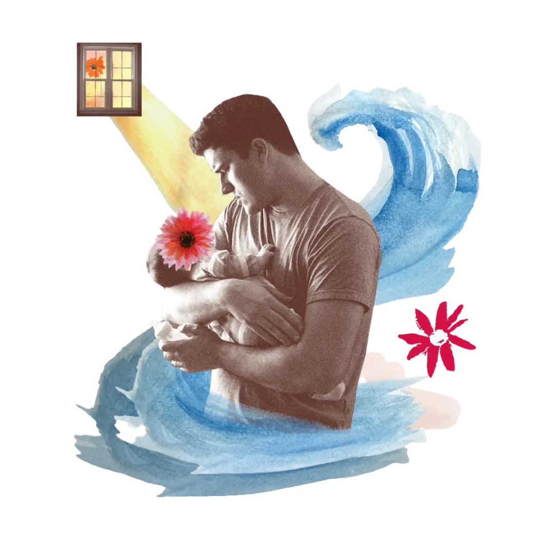 Collage-style image of a father holding a baby. A water-colour wave wraps around them and light shines in from a window.