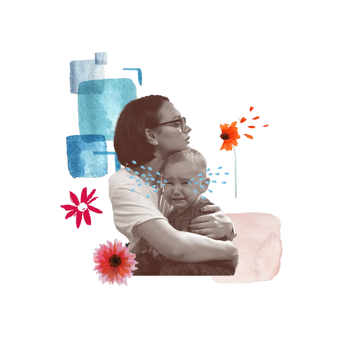 Collage-style blog feature image of a woman cradling a crying toddler with vibrant flowers in the background.