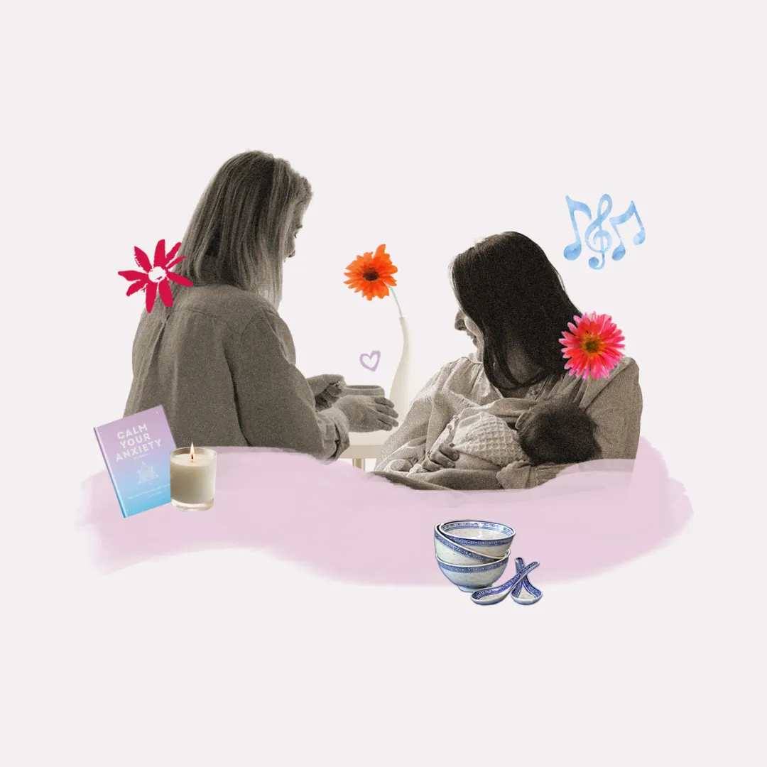 Collage-stye image of a mother being handed a cup of tea by a caring woman while she comforts her baby.