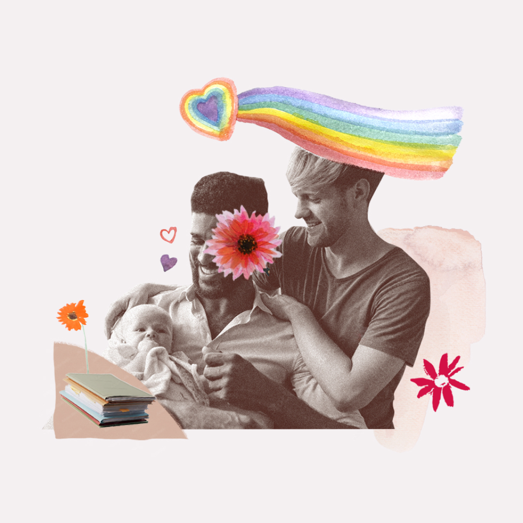 A gay couple embrace a baby, with a bright rainbow arching above them, conveying warmth and togetherness.