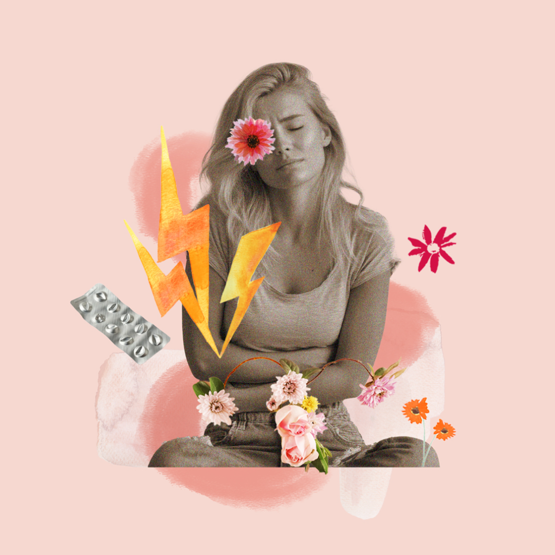 Collage-style image of a mother holding her abdomen with lightning blots indicating pain. 