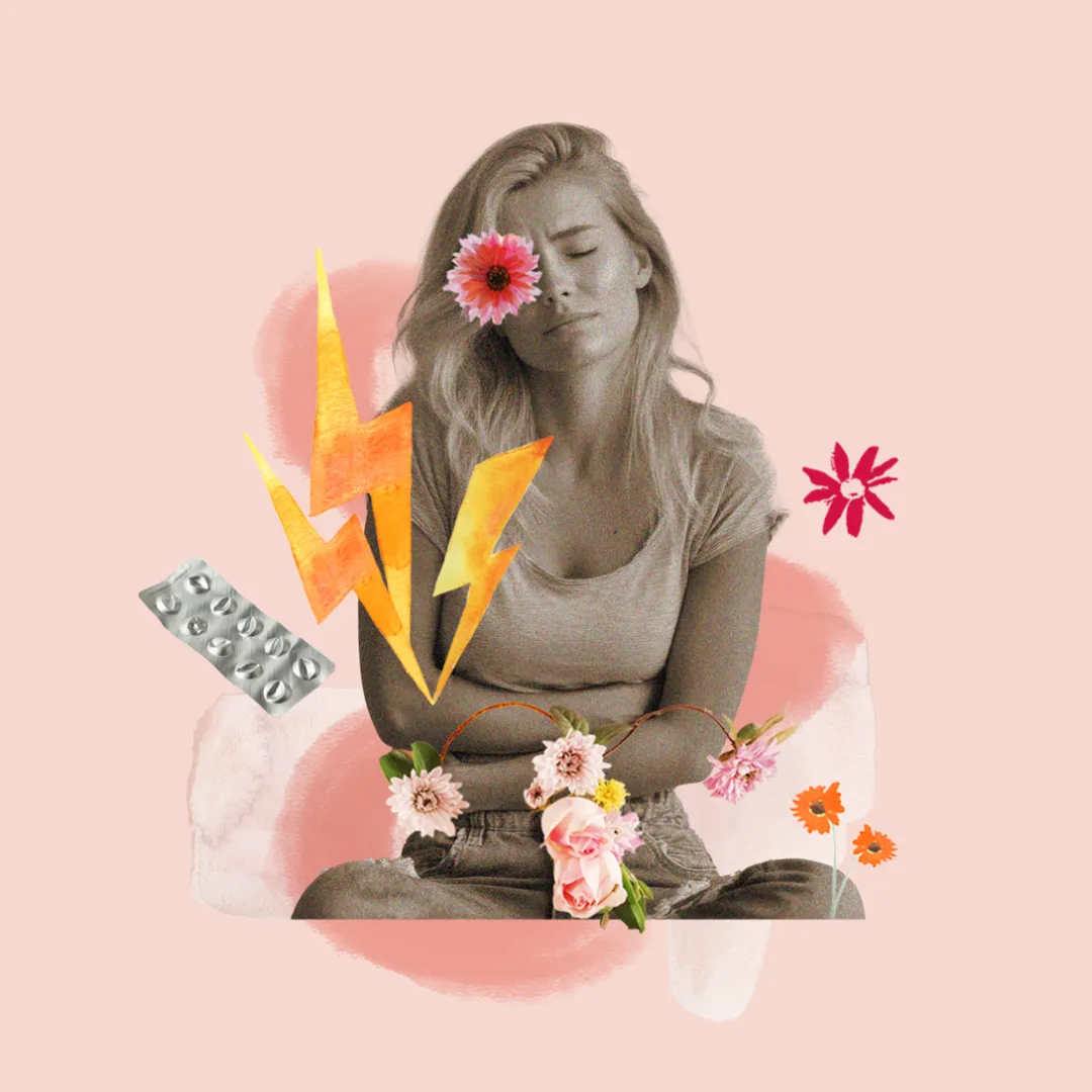 Collage-style image of a mother holding her abdomen with lightning blots indicating pain.