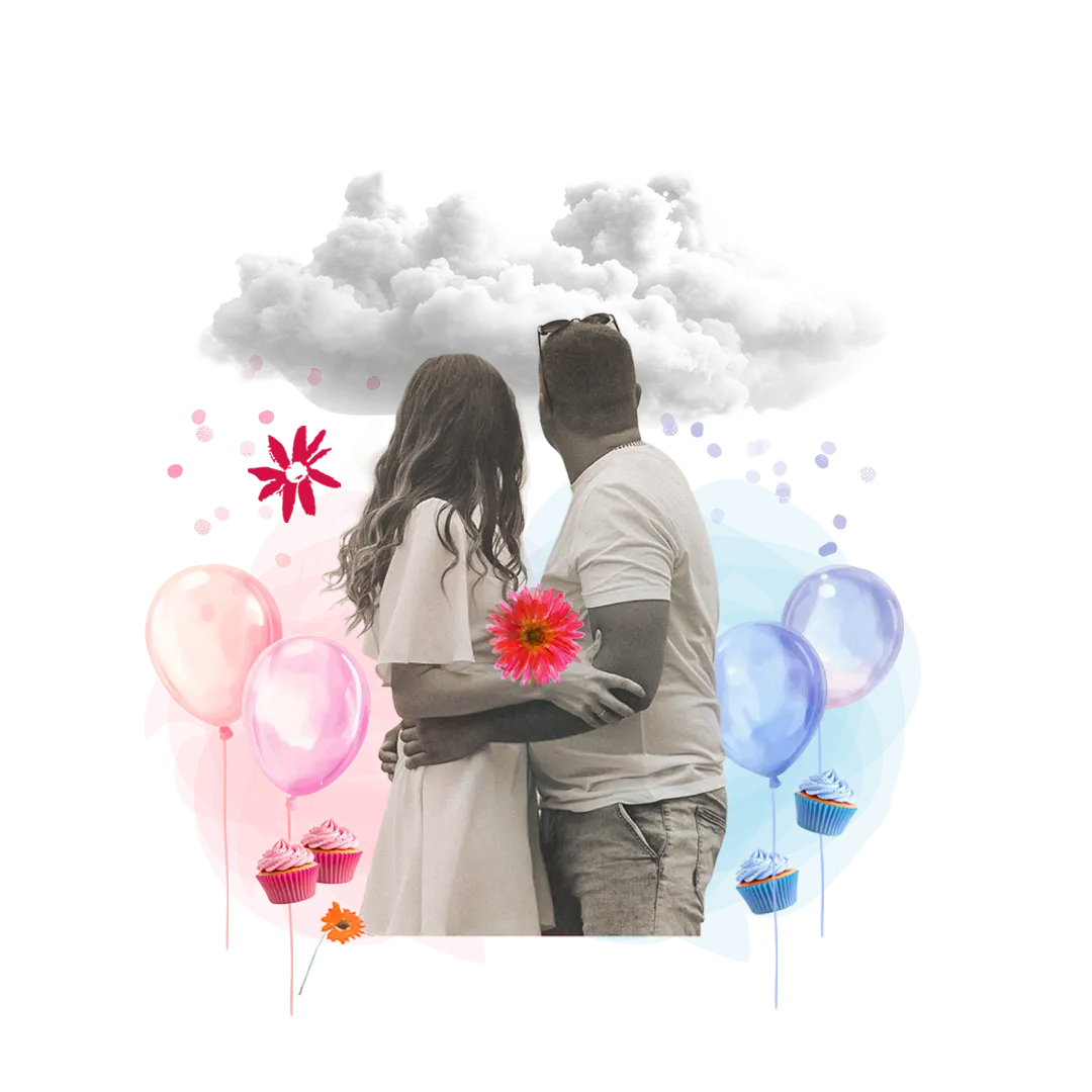 Collage-style image of a couple holding each other with pink and blue gender reveal items around them.